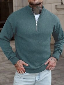 Manfinity CasualCool 男士半拉链纯色落肩休闲针织套头毛衣 男士套头针织衫 针织毛衣 男士针织衫 男士长袖针织衫 - 淺藍色 - 查看 4