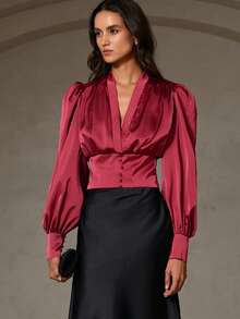 Aveloria Rosie Europäischer & amerikanischer Stil einfarbiges Satin V-Ausschnitt Hemd mit übertriebenen Ärmeln, Herbst/Winter - Rot - Übersicht 3