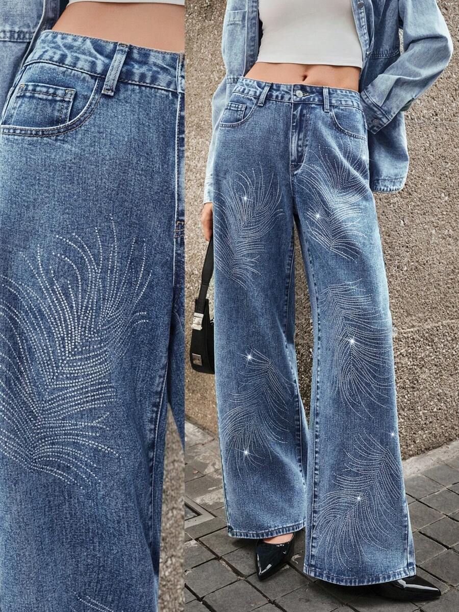 Selenza Quần jeans nữ dáng rộng thanh lịch đính lông vũ và đá giả, hàng mới về - Rửa trung bình - Xem 1
