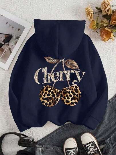 SHEIN Sparklyn Teen Girl Casual Fashion Creative Fresh Minimalist Leopard, Cherry, Fruit Graphic Print Sweatshirt, Suitable For Fall