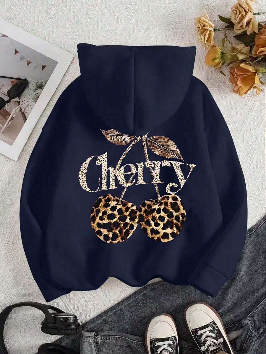 SHEIN Sparklyn Teen Girl Casual Fashion Creative Fresh Minimalist Leopard, Cherry, Fruit Graphic Print Sweatshirt, Suitable For Fall - Navy Blue - View 1