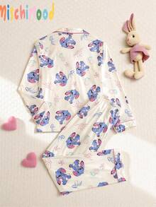女孩柔软舒适休闲睡衣套装，可爱卡通长耳兔全身印花，时尚翻领开衫长袖和裤子两件套家居服 - 杏色 - 查看 2