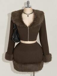 SHEIN ICON เสื้อถักตกแต่งขนปุยแขนยาวคอวีสีน้ำตาลสำหรับผู้หญิงไซส์ใหญ่, ชุดเซ็ต 2 ชิ้นอบอุ่น, ชุดผู้หญิงฤดูใบไม้ร่วง/ฤดูหนาว, เสื้อผ้าฤดูหนาว