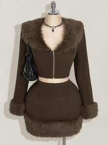 SHEIN ICON Áo len dệt kim dài tay cổ chữ V màu nâu cỡ lớn cho nữ, Bộ 2 món ấm áp, Trang phục thu đông cho nữ, Quần áo mùa đông - Cà phê nâu - Xem 1