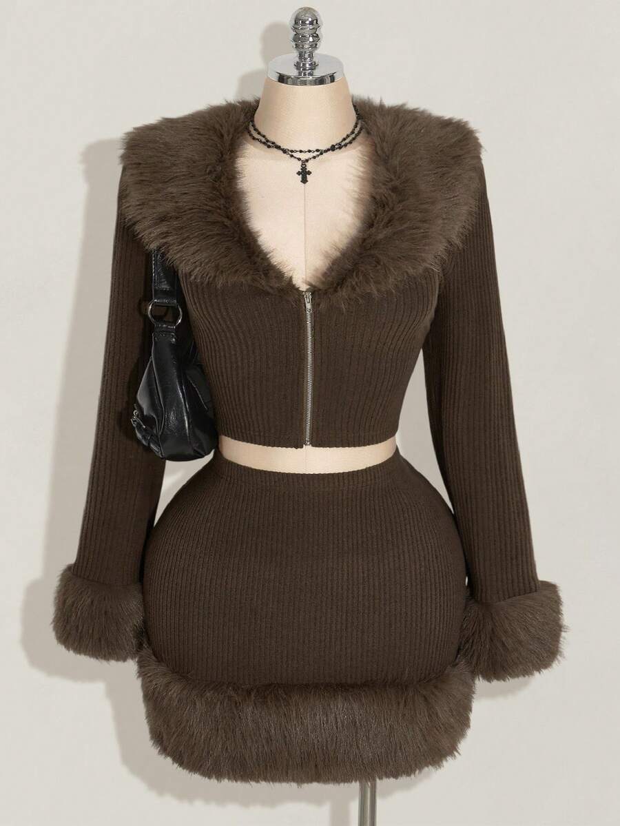 SHEIN ICON Áo len dệt kim dài tay cổ chữ V màu nâu cỡ lớn cho nữ, Bộ 2 món ấm áp, Trang phục thu đông cho nữ, Quần áo mùa đông - Cà phê nâu - Xem 1