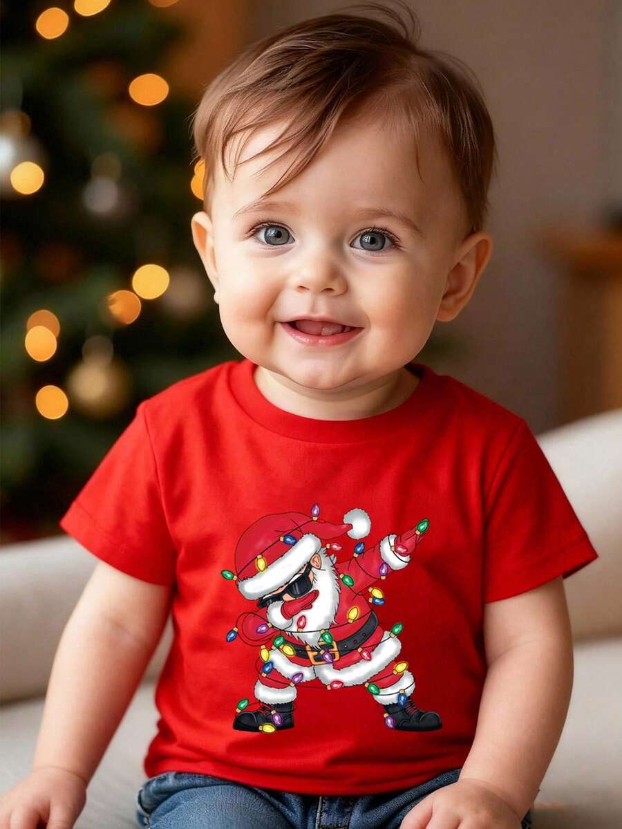 SHEIN Playful Pals Áo thun dệt kim cổ tròn ôm sát in hình ông già Noel và đèn Giáng sinh, thoải mái, thời trang, tối giản, đa năng, vui nhộn, dành cho bé trai, áo Giáng sinh - Đỏ - Xem 1