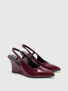 CUCCOO BIZCHIC Pointed Toe Wedge Heel Burgundy Backstrap Comfortable Elegant Versatile Commuter Women's Wedge Slip-On Shoes - Burgundy - View 7