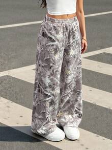 SHEIN PETITE Western Wear Women 's Branch Print Loose Sweatpants For Summer