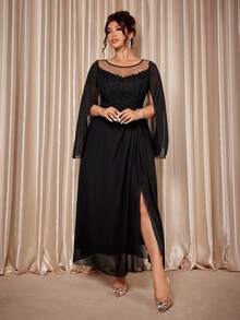 Allurite Váy cỡ lớn thêu ren và voan thanh lịch dành cho quý cô - màu đen - Xem 4