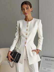 SHEIN LUNE Women's Solid Color Front Button Long Sleeve Pocket Casual Jacket Fall Winter Cloth For Women - White - View 3