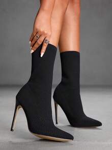 CUCCOO SZL Botas de tacón de aguja y punta fina con diseño slip-on hasta la pantorrilla, de estilo sexy y de moda - Negro - Ver 8