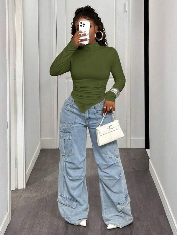 BamGleam Casual Solid Color Stand Collar Gathered Asymmetric Hem T-Shirt Fall Cloth For Women