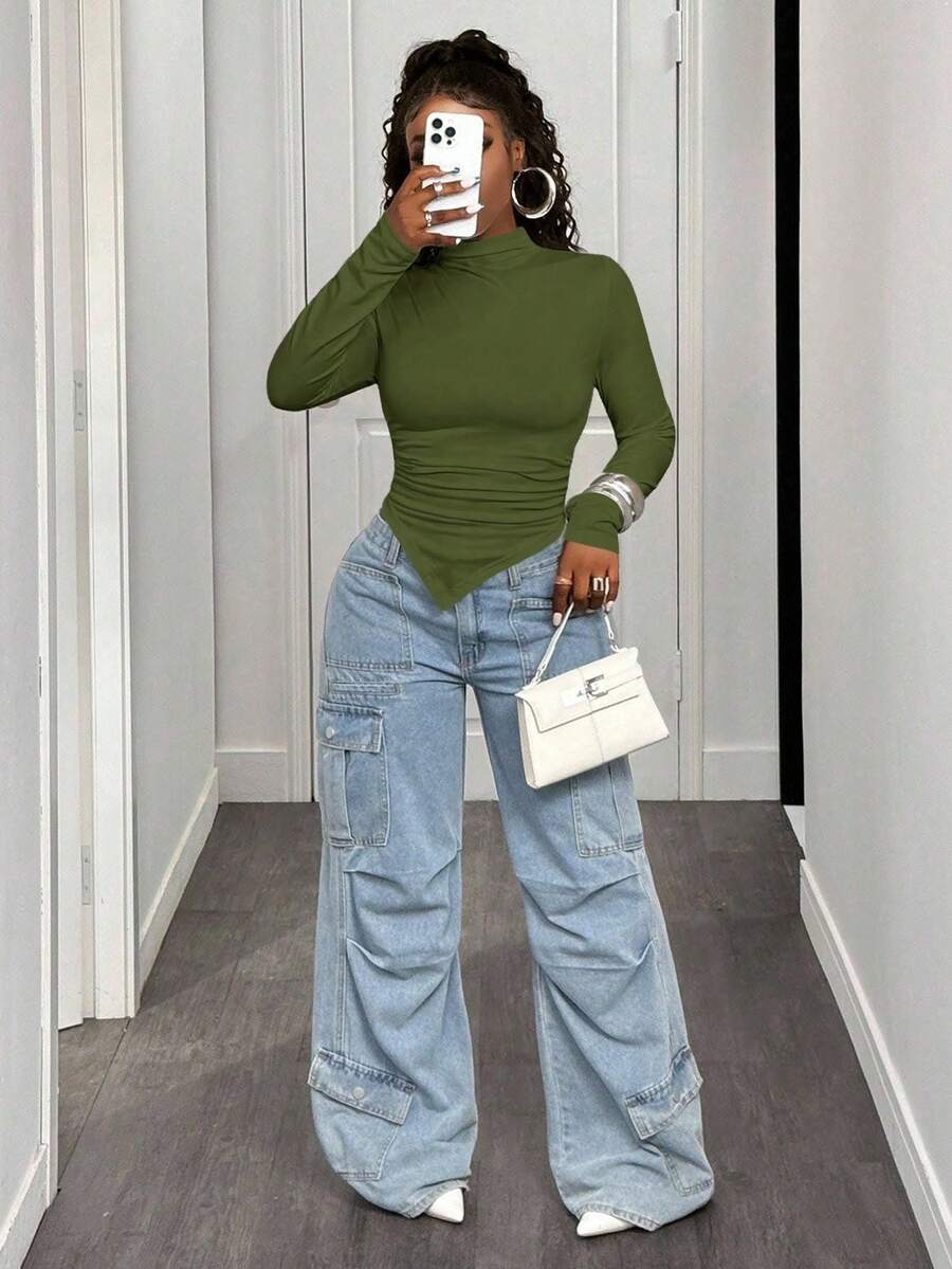 BamGleam 休闲纯色立领褶皱不对称下摆 T 恤 - 軍綠色 - 查看 1