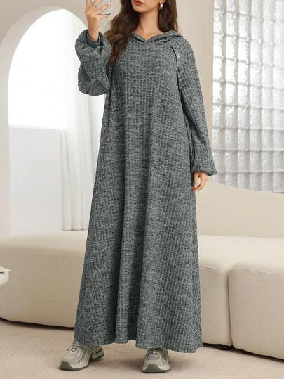 SHEIN Najma Women's Long Sleeve Button Decorated Knit Fabric Flared Hem Arabic Style Dress, Autumn/Winter