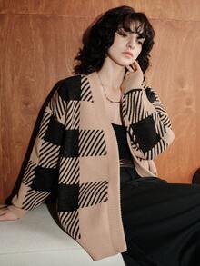 Uhlyne Women's Casual Loose Knit Cardigan, Plaid Pattern, Khaki Color, Long Sleeve, No Button, Suitable For Work And Commute, Winter - Khaki - View 7