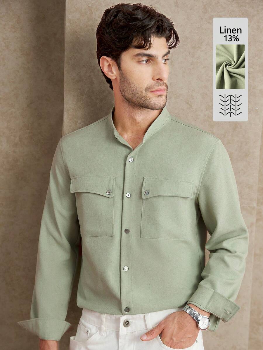 Core Aspect Herren Grünes Cargo Taschen Einreiher Lässig Langarm Hemd - Grün - Übersicht 1