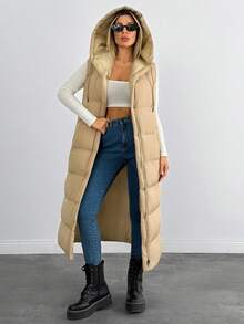 EURMUSE Solid Color Hooded Sleeveless Pockets Long Hooded Padded Coat - Beige - View 3