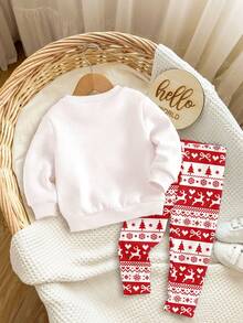 SHEIN Happikins Baby Girl Christmas Reindeer Snowflake Fair Isle Sweatshirt&Leggings Set,Beige,Autumn,Funny Graphic,Matching Family Vintage Warm Outfit - Multicolor - View 2