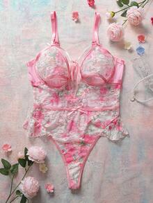 Plus Size Floral Lace Sexy Lingerie Bodysuit - Pink - View 6