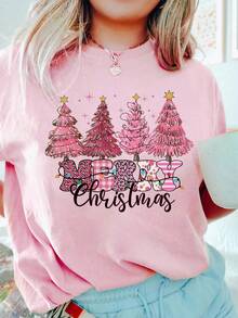 EMERY ROSE Fröhliche Weihnachten T-Shirt, lustiges rosa Bäume Shirt, Weihnachtsferien, Fröhliche Weihnachten 2025 Shirts, Geschenk zu Weihnachten