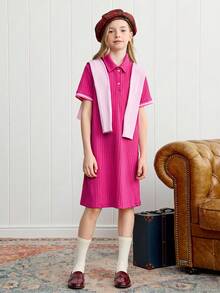 Joliand Joliand 1 件青少年女孩优雅学院风休闲都市可爱小狗装饰条纹 Polo 领罗纹短袖连衣裙，适合外出、聚会、返校、夏季和秋季 - 玫紅色 - 查看 5