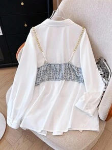 SHEIN Clasi Bộ 2 món cho nữ cỡ lớn: Áo sơ mi dài tay thường ngày và áo hai dây - Xanh và trắng - Xem 2