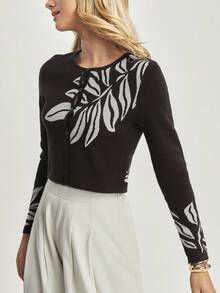 CAJUNI Áo khoác cardigan dệt kim mỏng tay dài màu nâu họa tiết lá be thanh lịch, giản dị, thu/đông - màu đen - Xem 4
