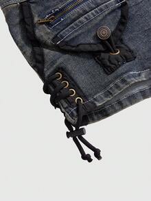 ROMWE Grunge Punk Y2K原宿辣妹风拼接毛绒超低腰迷你牛仔短裤 - 藍色 - 查看 3