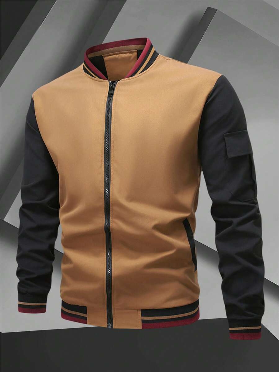 Manfinity Homme Men's Casual Contrast Color Patchwork Long Sleeve Jacket, Autumn Sports Jacket - Khaki - View 1