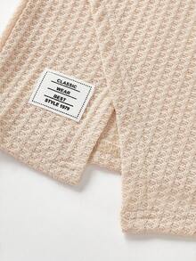 SHEIN 2 件 Babygirl 休闲针织卡其色长袖上衣和松紧腰裤套装，秋冬 - 杏色 - 查看 7