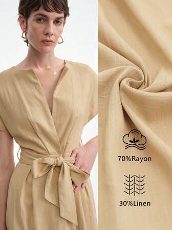 Lyxana 女士纯色优雅简约高品质休闲办公舒适 V 领腰褶长裙，春夏