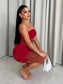 VaVaBold Váy ngắn bodycon hở lưng lưới xếp nếp gợi cảm mùa hè cho nữ quần áo năm mới - Đỏ - Xem 5