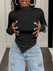 BamGleam Women's Solid Color Stand Collar Long Sleeve T-Shirt Fall Cloth For Women - Black - View 4