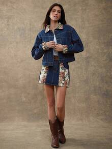 WESTFADE 棉质混纺牛仔布与花卉挂毯提花混合面料领口纽扣前襟西部接缝牛仔夹克秋季、秋季、冬季 - 中等水洗藍 - 查看 3