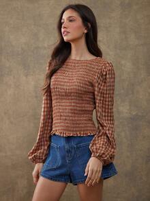 WESTFADE Smocked Boatneck Long Puff Sleeve Ruffle Hem Fitted Embroidered Plaid Top Fall, Autumn, Winter, Boho, Casual, Cute, Western Wear, Country - Orange - View 5