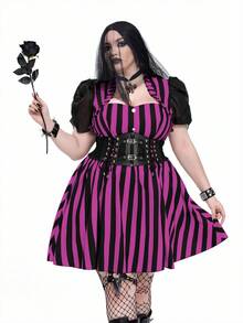 Whyspr Plus Size A-Line Organza Puff Sleeve Patchwork Dress - Purple - View 8