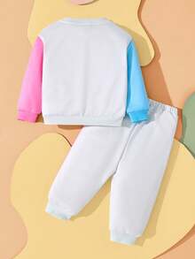 CoComelon X SHEIN 2pcs/Set Baby Girl Cute Cartoon Boy & Girl Graphic Colorblock Round Neck Long Sleeve Sweatshirt & Sweatpants Knit Sports Outdoor Casual Outfit