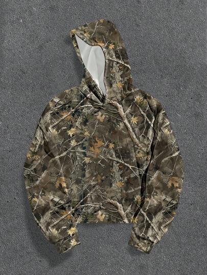 Manfinity ZONE917 Men's Autumn/Winter Branch Print Long Sleeve Thermal Lined Casual Loose Hoodie Sweatshirt