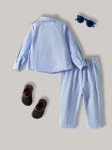 Joliand Joliand 1 Pc Baby Boy Light Blue Striped Outfit Set,Long Sleeve Shirt With Bow Decor & Pants,Elegant Summer Gentleman Dress Clothes For Wedding,Gathering - Blue and White - View 2