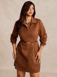 SHEIN LUNE Plus Size Women's Brown Suede Dress, Western Cowgirl Style Shirt Collar Long Sleeve Short Casual Straight Dress - Brown - View 1