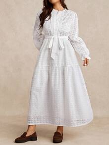 EMERY ROSE Plus Size Women's Autumn/Winter Country Casual Embroidered Hollow-Out Woven Elegant Maxi Dress - White - View 1