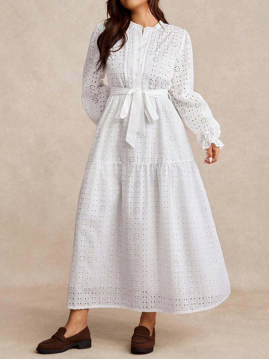 EMERY ROSE Plus Size Women's Autumn/Winter Country Casual Embroidered Hollow-Out Woven Elegant Maxi Dress - White - View 1