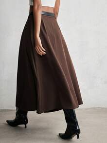 Lumivelle Women's Fashion Pleated Leather Belt Decor Skirt - Brown - View 2