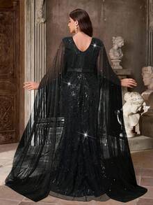 Aureia 加大码优雅浪漫香槟金奢华船领奢华串珠亮片亮片装饰网眼喇叭袖美人鱼下摆正式晚礼服 - 黑色 - 查看 2