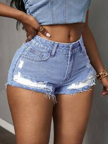 Slaydiva Quần short denim bó sát thường ngày có túi rách cho nữ cỡ lớn - Rửa nhẹ - Xem 1