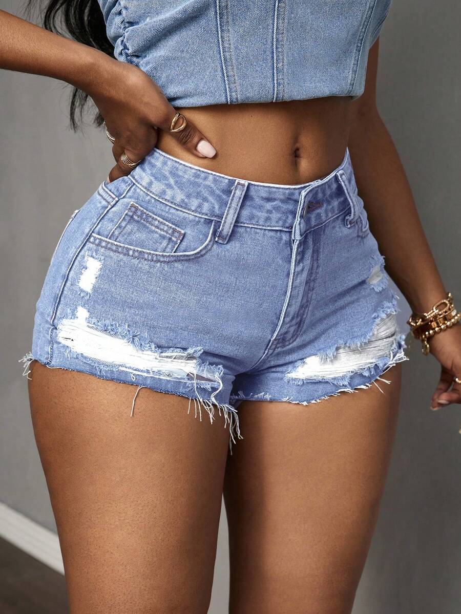 Slaydiva Quần short denim bó sát thường ngày có túi rách cho nữ cỡ lớn - Rửa nhẹ - Xem 1