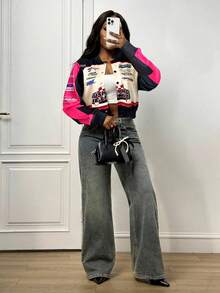 Slaydiva 2025新款早秋冬休闲街头日常约会机车复古棒球夹克口号Logo杏色拼接黑绿印花落肩长袖宽松外套针织面料女装 - 玫紅色 - 查看 6