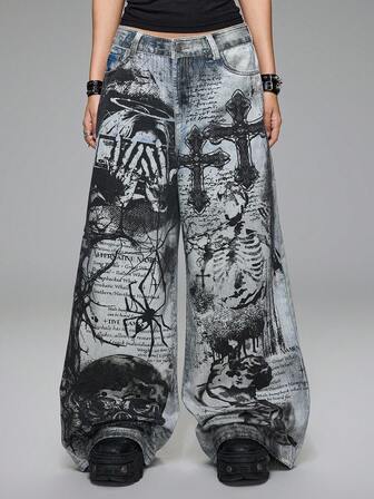 Grunge Punk Jeans de pierna ancha para mujer con estampado total de cruz oscura, calavera, ángel y araña con eslogan de estilo punk oscuro