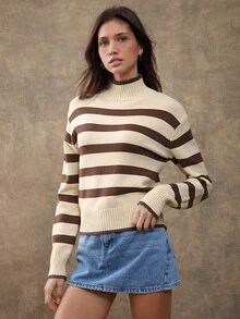 WESTFADE 高领长袖宽松条纹套头针织毛衣可爱秋季上衣，休闲，秋季，冬季，波西米亚风，纳什维尔女牛仔乡村，西部女装 - 彩色 - 查看 6