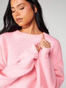 MISSGUIDED 超大针织毛衣圆领长袖套头衫冬季秋季休闲舒适 - 粉色 - 查看 4